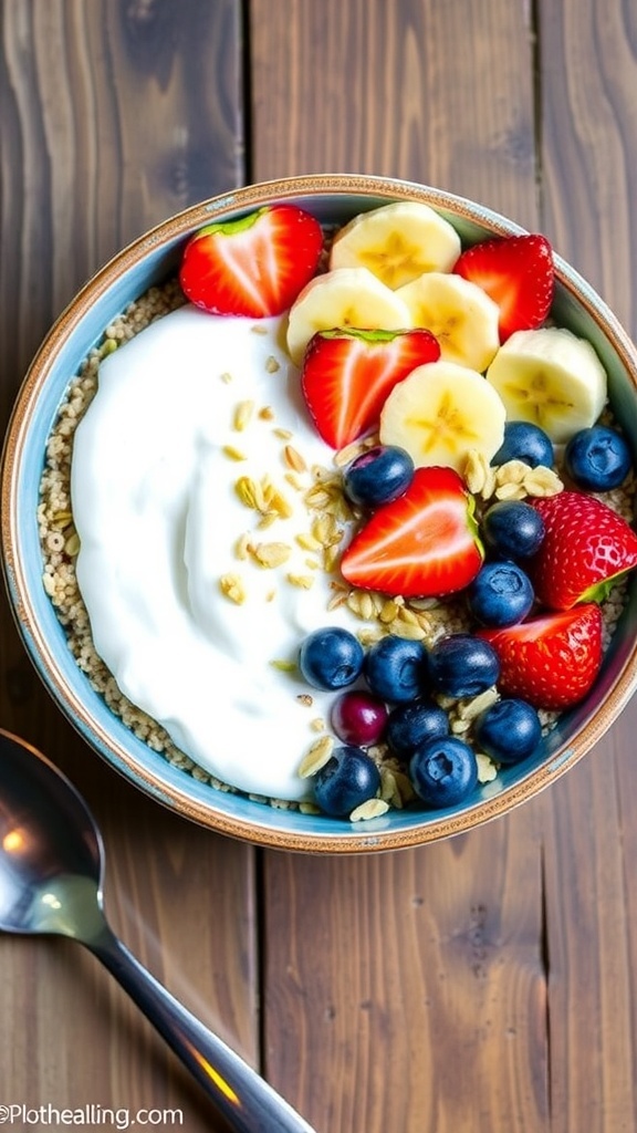 Overnight quinoa breakfast bowl with yogurt, fresh fruits, and nuts on a wooden table.